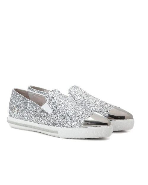 Miu Miu Glitter Cap-Toe Skate Sneaker, Argento