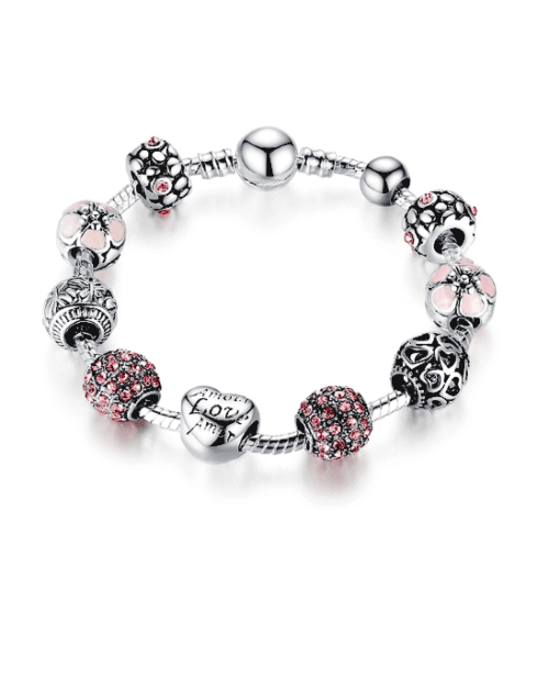 Steffe Antique Silver Charm Bracelet with Love and Flower Beads