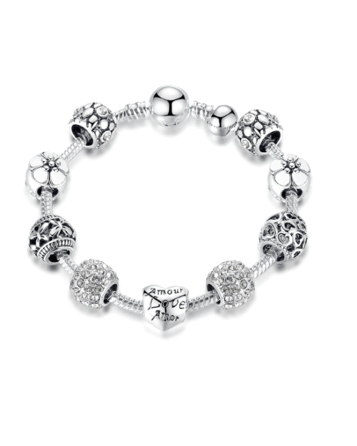Steffe Antique Silver Charm Bracelet with Love and Flower Beads
