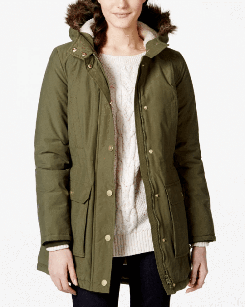 Tommy Hilfiger Women's Green Faux-fur-trim Hooded Coat