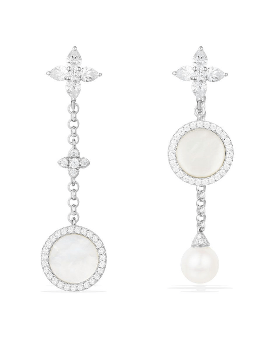 Apm Monaco Asymmetric Eternelle Dropping Earrings With Pearl And Mother Of Pearl