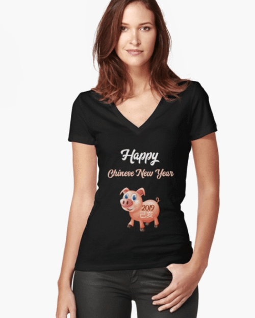 Women's Fitted V-Neck T-Shirt Chinese New Year 2019 - Year of the Pig / Boar