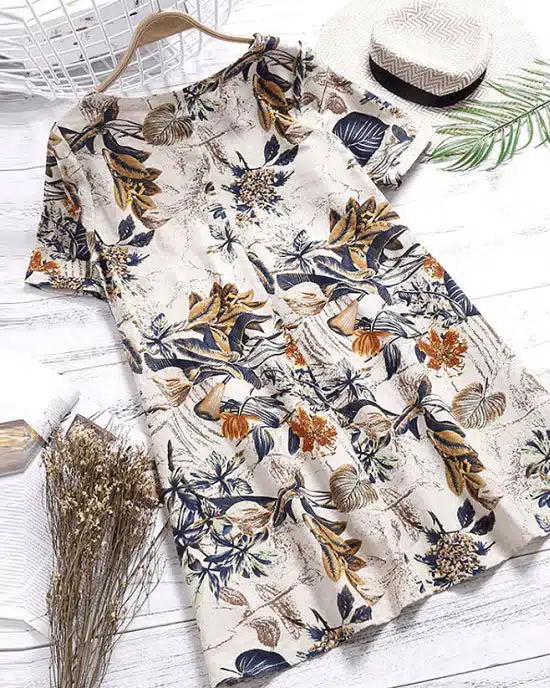 Women's Floral Printed Short Sleeve Loose Linen Dresses