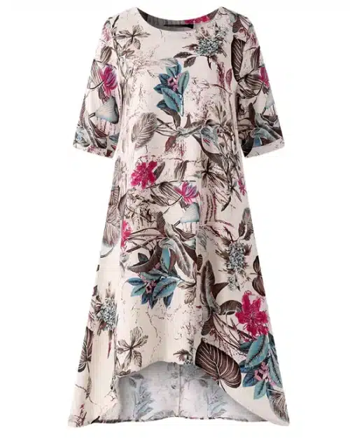 Women's Floral Printed Short Sleeve Loose Linen Dresses