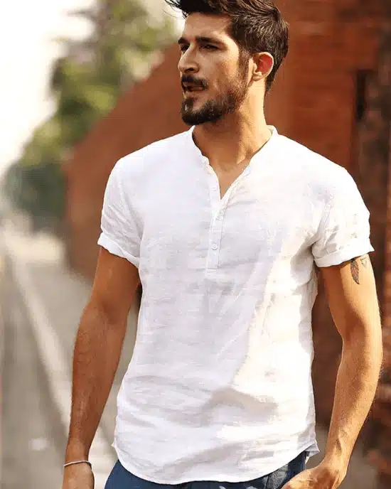 Men's 100% Linen Slim Fit Collarless Tops