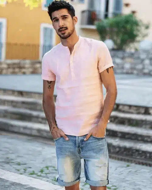 Men's 100% Linen Slim Fit Collarless Tops