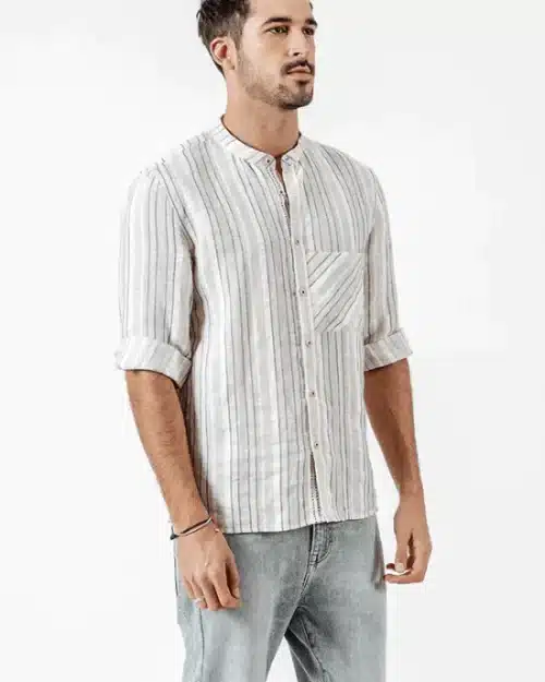 Men's  Linen Cotton Striped Three Quarter Sleeve Shirts