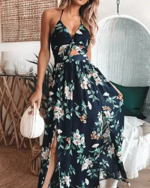 Women's High Waist Split Ruffle-Hem Wrap Dress