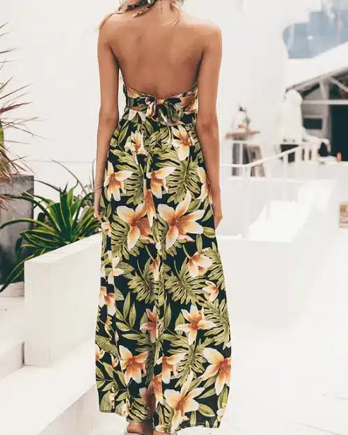 Women's Tropical Floral Print Backless Wrap Dress