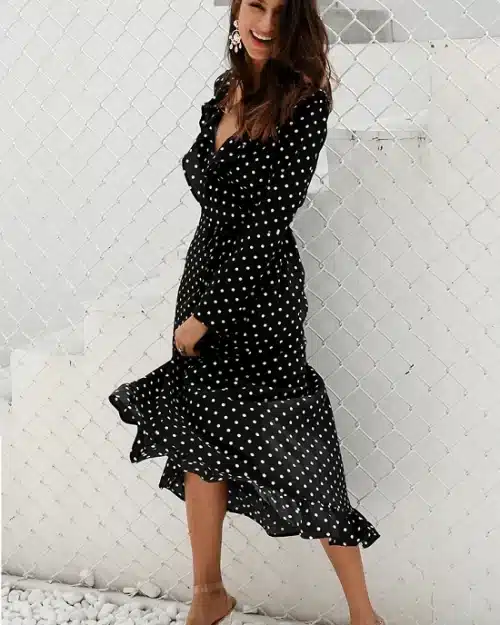 Women's Polka Dot Print Ruffle Wrap Long Dress