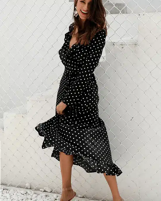 Women's Polka Dot Print Ruffle Wrap Long Dress