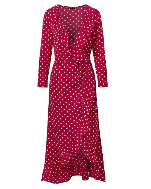 Women's Polka Dot Print Ruffle Wrap Long Dress
