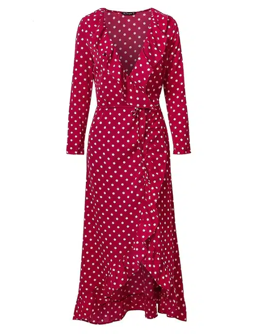 Women's Polka Dot Print Ruffle Wrap Long Dress