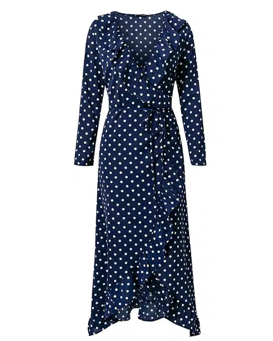 Women's Polka Dot Print Ruffle Wrap Long Dress