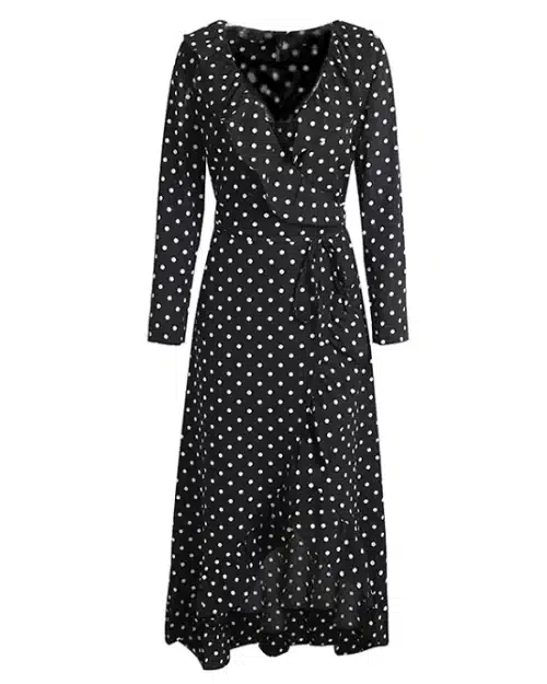 Women's Polka Dot Print Ruffle Wrap Long Dress