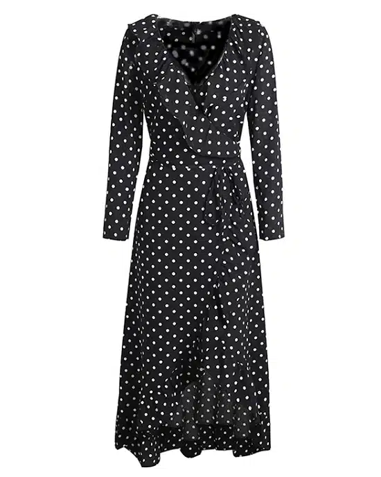 Women's Polka Dot Print Ruffle Wrap Long Dress