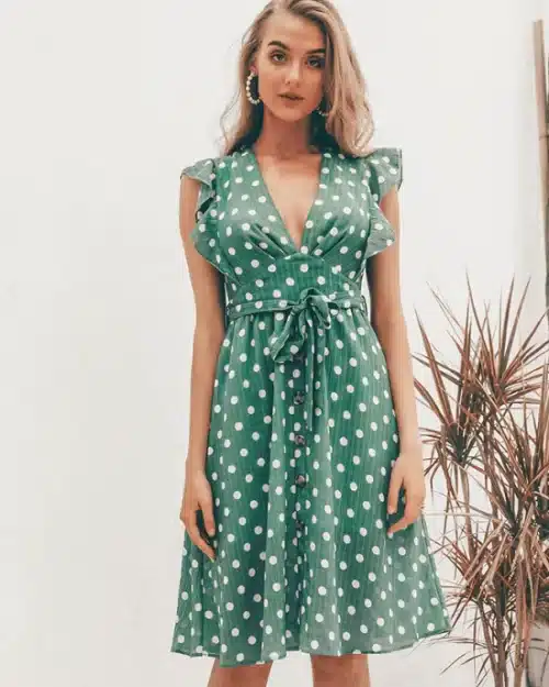 Women's V-Neck Casual Ruffle Midi Polka Dot Green Summer Dress