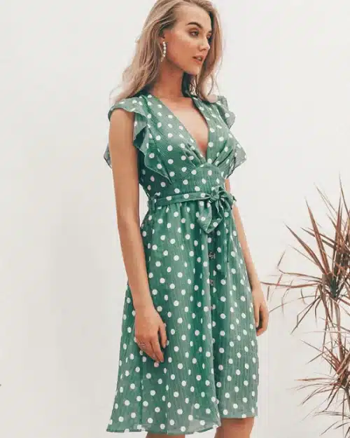 Women's V-Neck Casual Ruffle Midi Polka Dot Green Summer Dress