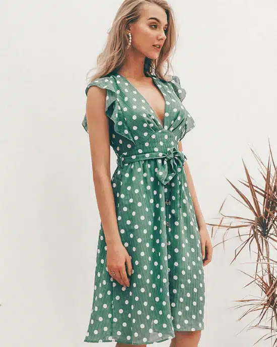 Women's V-Neck Casual Ruffle Midi Polka Dot Green Summer Dress