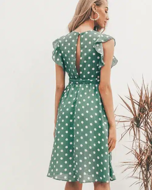 Women's V-Neck Casual Ruffle Midi Polka Dot Green Summer Dress