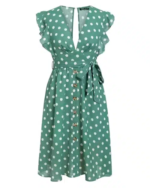 Women's V-Neck Casual Ruffle Midi Polka Dot Green Summer Dress