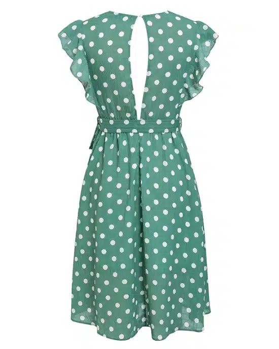 Women's V-Neck Casual Ruffle Midi Polka Dot Green Summer Dress