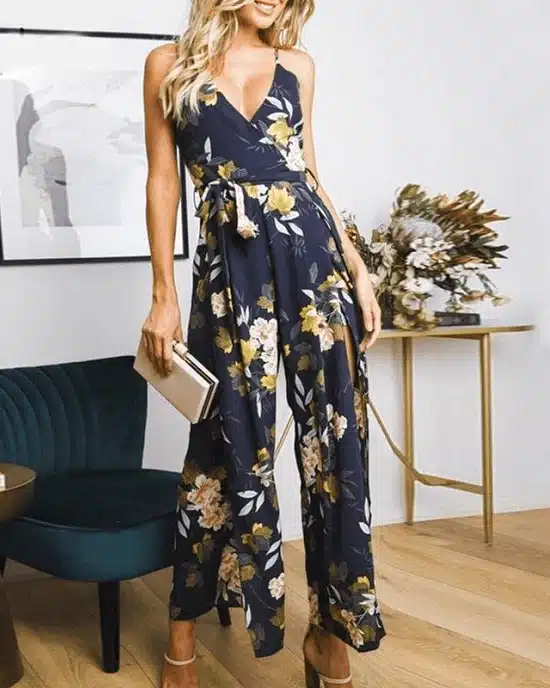 Women's V- Neck Floral Print Jumpsuits