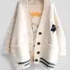 Women's Crown Embroidery Cardigans Poncho Single Breasted Knit Sweater
