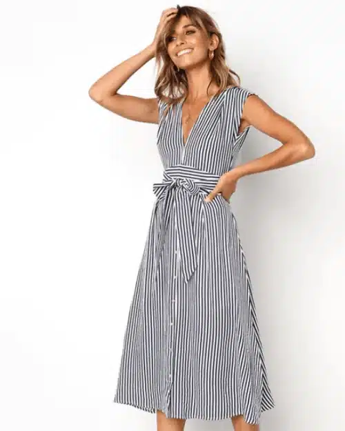 Women's V Neck Sleeveless Button Striped Long Dresses