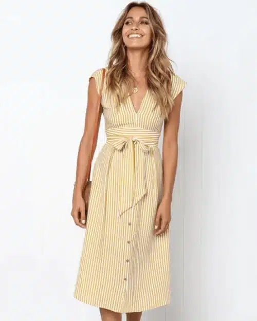 Women's V Neck Sleeveless Button Striped Long Dresses