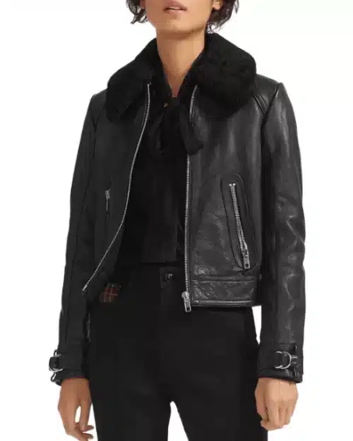 Basara Real Sheep Shearling-Collar Leather Moto Jacket