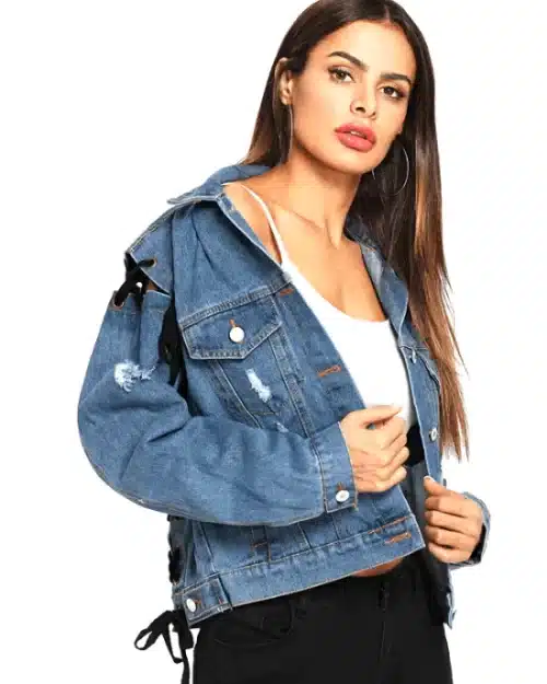 Women's Lace Up Ripped Single Breasted Denim Jacket
