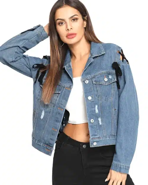 Women's Lace Up Ripped Single Breasted Denim Jacket