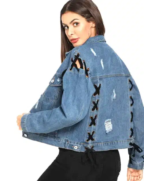 Women's Lace Up Ripped Single Breasted Denim Jacket