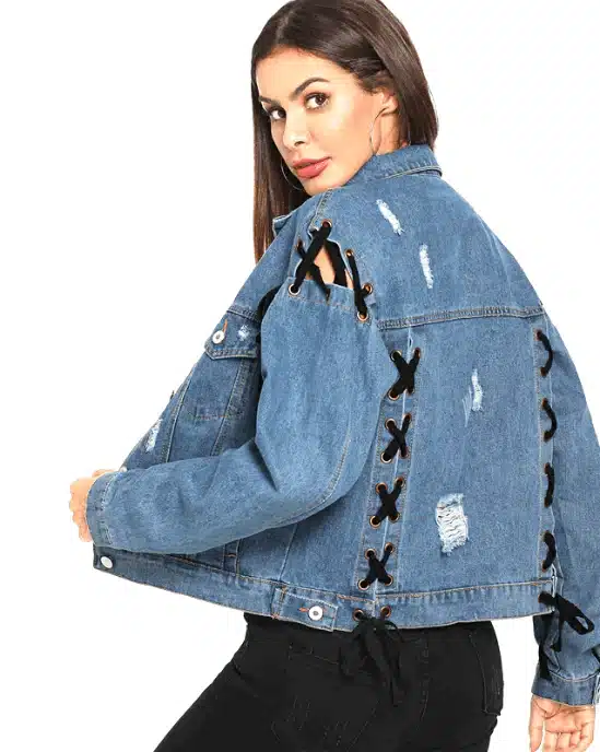 Women's Lace Up Ripped Single Breasted Denim Jacket