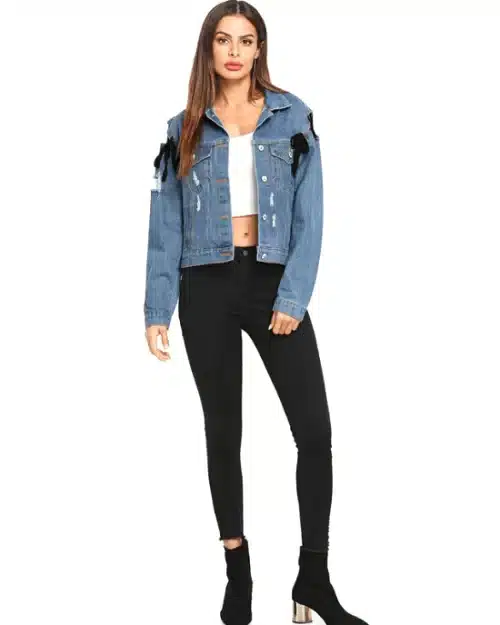 Women's Lace Up Ripped Single Breasted Denim Jacket