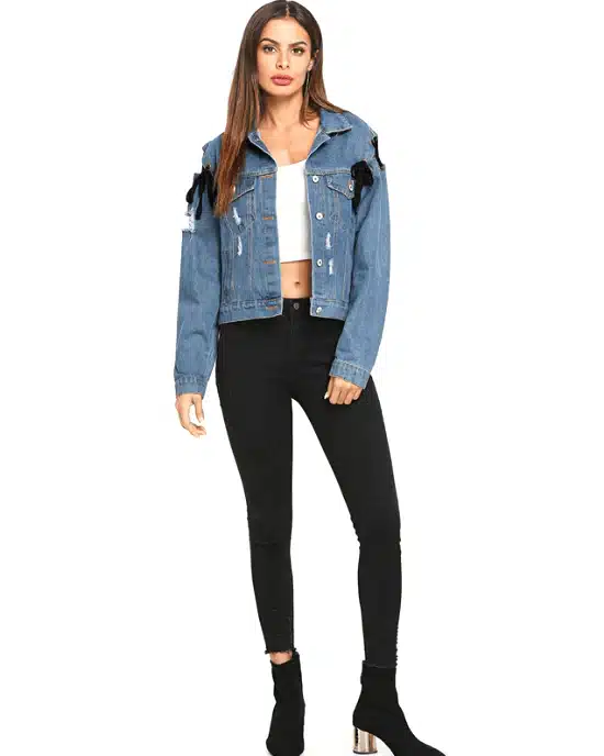Women's Lace Up Ripped Single Breasted Denim Jacket