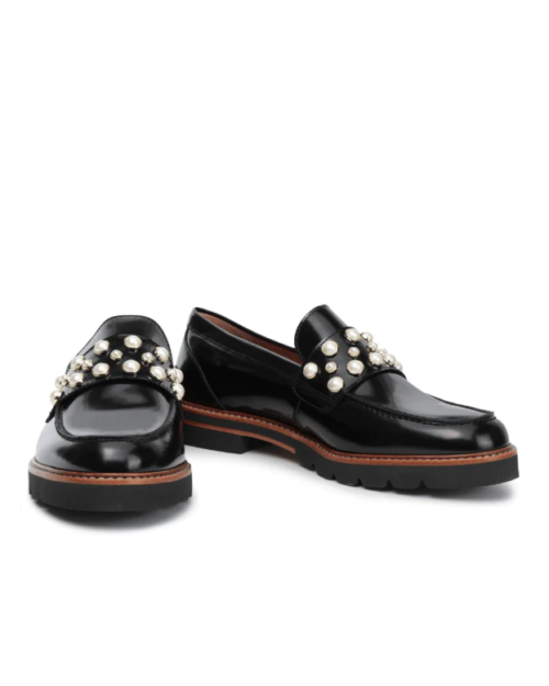 Stuart Weitzman Faux Pearl Embellished Glossed Leather loafers