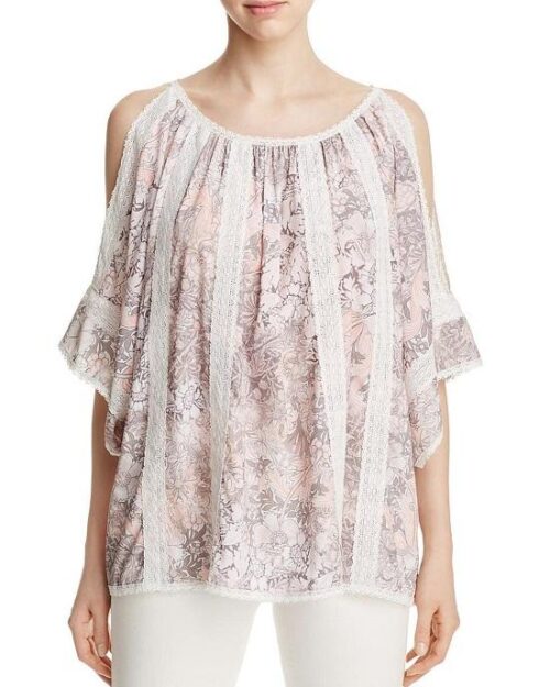 T Tahari Womens Cambria Crochet Floral Print Peasant Top