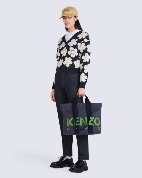 Kenzo Blue Floral Wool V-Neck Sweater