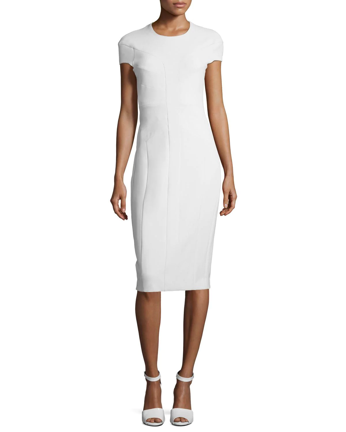 Narciso Rodriguez Cap-Sleeve Horizontal Seamed Sheath Scuba Dress