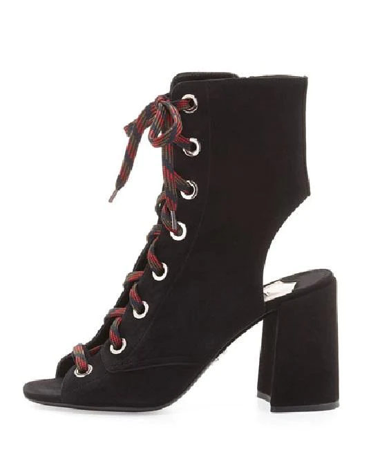 Prada Lace-Up Suede Peep-Toe Bootie,