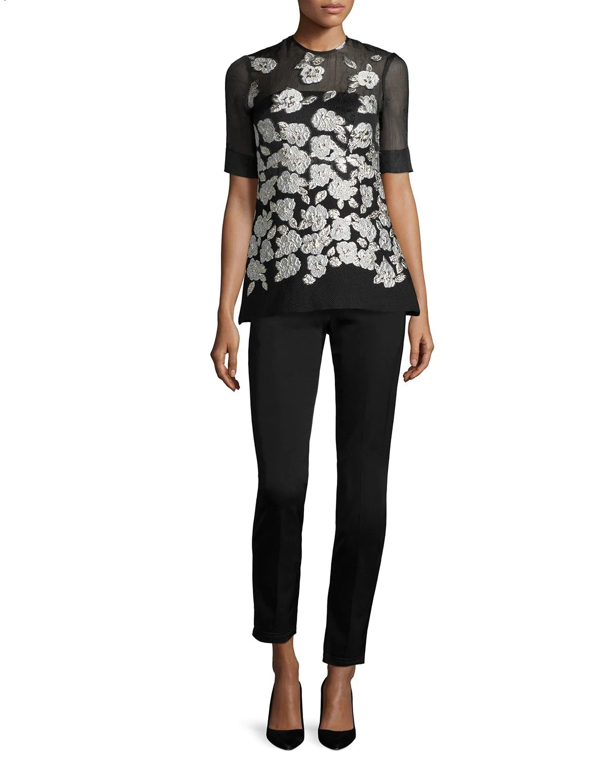 Lela Rose Metallic Floral-Embroidered Blouse, Black