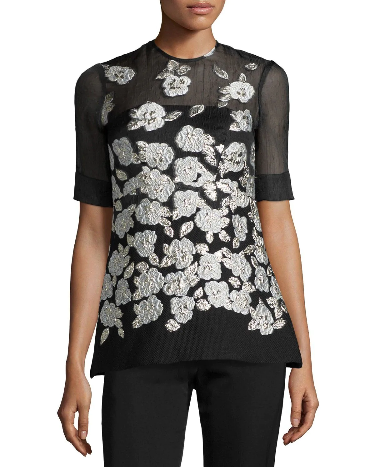 Lela Rose Metallic Floral-Embroidered Blouse, Black