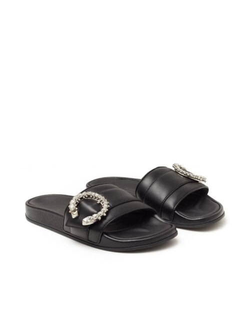 Jimmy Choo Fallon Black Nappa Leather Slides With Crystal Buckle