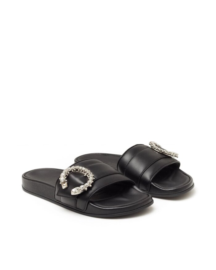 Jimmy Choo Fallon Black Nappa Leather Slides With Crystal Buckle