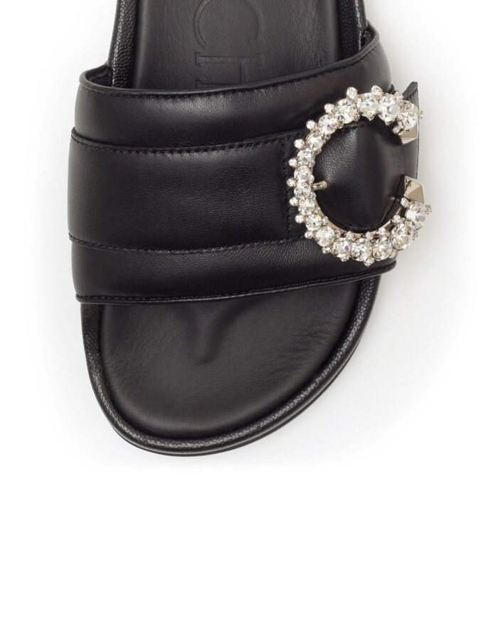 Jimmy Choo Fallon Black Nappa Leather Slides With Crystal Buckle