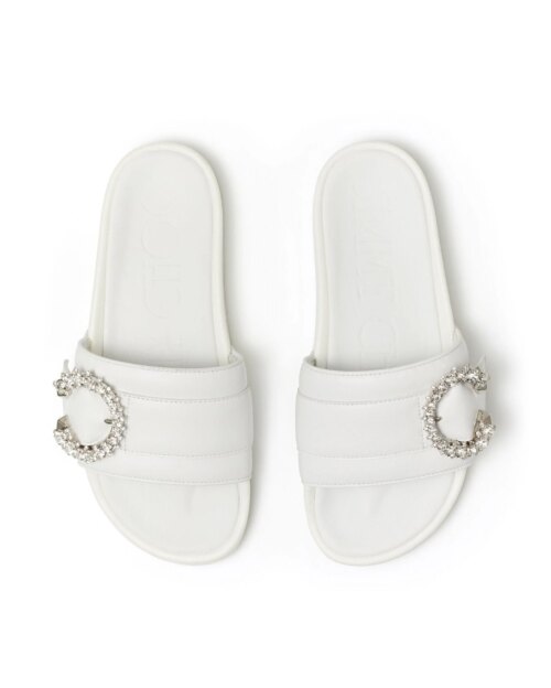 Jimmy Choo Fallon White Nappa Leather Slides With Crystal Buckle