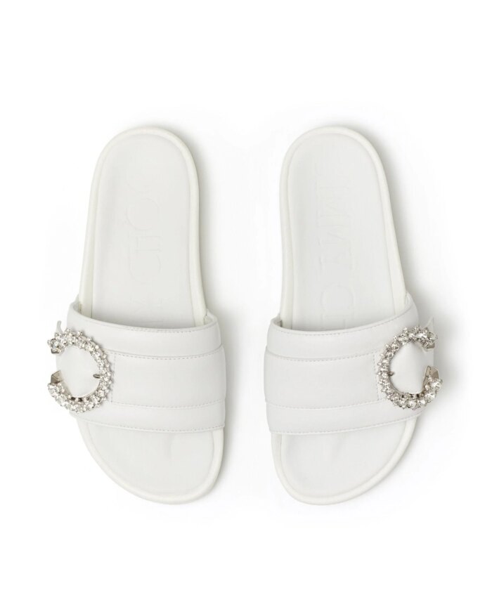 Jimmy Choo Fallon White Nappa Leather Slides With Crystal Buckle