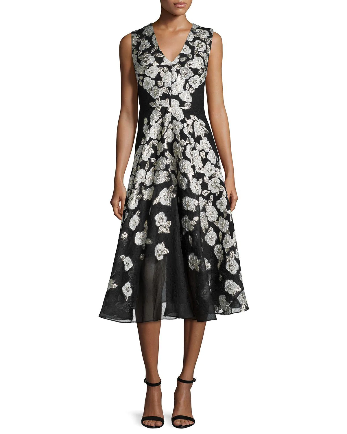 Lela Rose Sleeveless Stamped-Floral Dress, Black